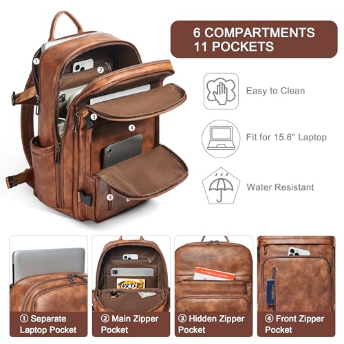 Vegan Leather Backpack for Women and Men, Fits 17.0" Laptop, Stylish Lay-Flat Carry-on Travel Backpack with Luggage Strap for Travel and Daily Use - color: 2-1 Brown