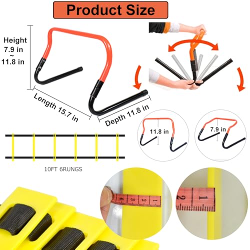 Soccer Training Equipment Set, Multifunctional Football Gear with 4 Adjustable Hurdles 9.8 feet 6 Rungs Agility Speed Ladder