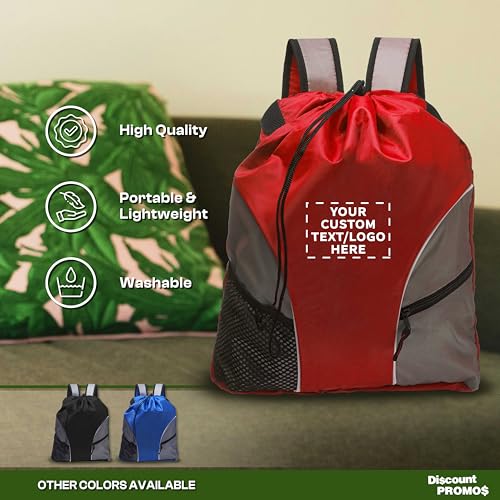 DISCOUNT PROMOS Custom Sporter Drawstring Backpacks Set of 6/12/24, Personalized Bulk Pack - Compact, Lightweight, Unisex Backpack - Red - color: - Custom - Red, size: 6/12/24