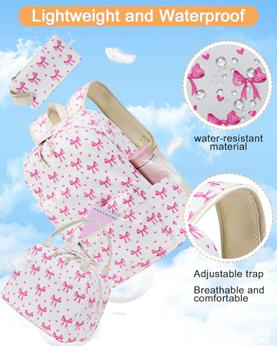 LOIDOU Backpack for Teen Girls Bookbags School Backpack with Lunch Box and Pencil Case 3 in 1 School Bags Set - color: Bow Tie Pink Beige