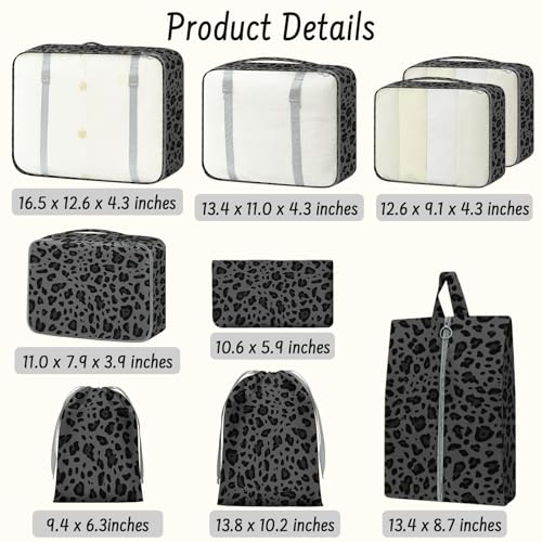 9 Set Packing Cubes for Travel Essentials - Lightweight Carry-On Luggage Organizer Bags with Shoe, Clothes & Laundry Bags for Airplane, Family & Business Travel, Gray leopard print - color: Gray leopard print