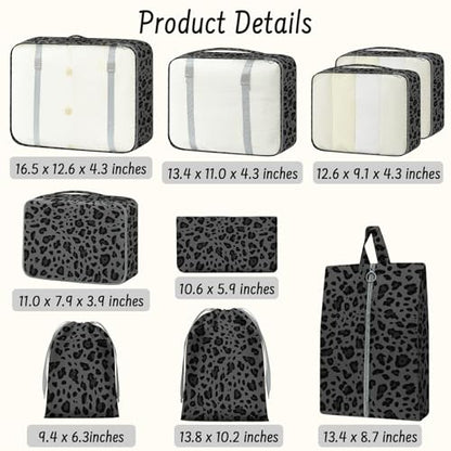 9 Set Packing Cubes for Travel Essentials - Lightweight Carry-On Luggage Organizer Bags with Shoe, Clothes & Laundry Bags for Airplane, Family & Business Travel, Gray leopard print - color: Gray leopard print
