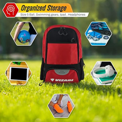 Vizari Soccer Backpack Soccer Bag | Water resistant Durable Equipment Bag for Football, Basketball, Volleyball | Cleats and Ball Compartment - Red,Blue,Pink,Black - color: Black/Red