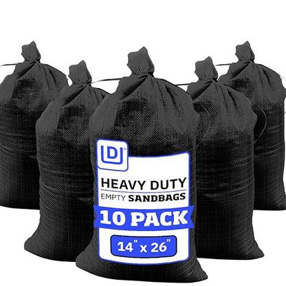 DURASACK Heavy Duty Sand Bags with Tie Strings Empty Woven Polypropylene Sand-Bags for Flood Control with 1600 Hours of UV Protection, 50 lbs Capacity, 14x26 inches, Black, Pack of 10 - color: Black, size: 10 Sandbags