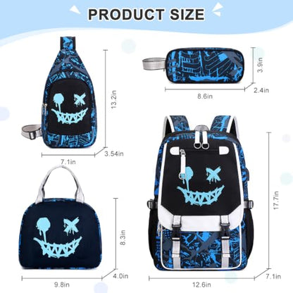 Bevalsa Backpack for Boys, Cool Luminous Boys Backpack with Sling Bag, Lunch Box & Pen Case, School Bags for Kids Children Teens Elementary Middle Schools, Bookbag Glow In The Dark (Smile) - color: Smile