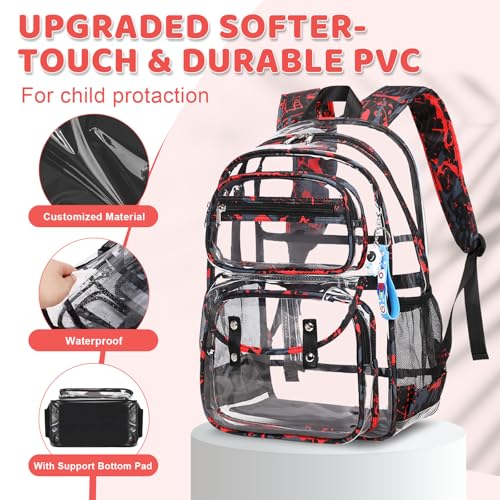 ACESAK Clear Backpack for Boys - 3 Pcs Clear Backpack Heavy Duty with Lunch Bag - See Through Bookbag Stadium Approved for Kids Middle High College School Sport Travel (Red) - color: Red