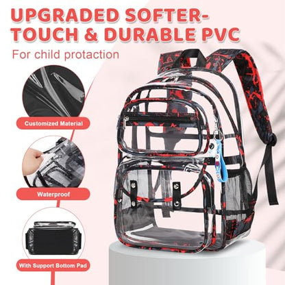 ACESAK Clear Backpack for Boys - 3 Pcs Clear Backpack Heavy Duty with Lunch Bag - See Through Bookbag Stadium Approved for Kids Middle High College School Sport Travel (Red) - color: Red