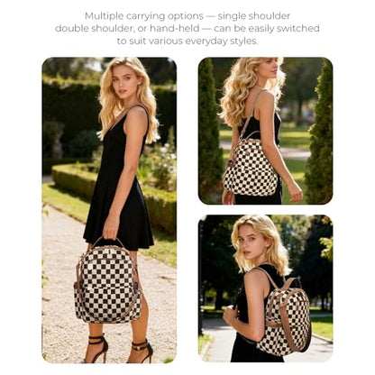 Checkered Backpack Purse Women Plaid Vegan Leather Fashion Travel Bag Large Designer Shoulder Handbag Commuter Brown (Plaid Brown) - color: Plaid Brown