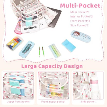 ACESAK Clear Backpack for Girls - 3 Pcs Clear Backpack Heavy Duty with Lunch Bag - See Through Bookbag Stadium Approved for Kids Middle High College School(Beige) - color: Beige