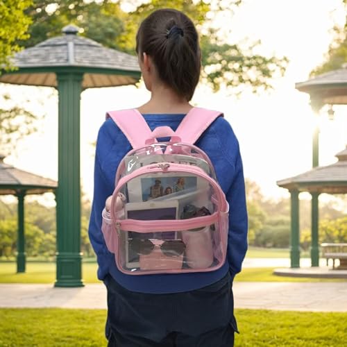 Fammart Clear Backpack Stadium Approved 12x6x12 - Kids & Small Adult Transparent Backpack for School, Work, Sports, Concerts - Clear Bag - color: Pink