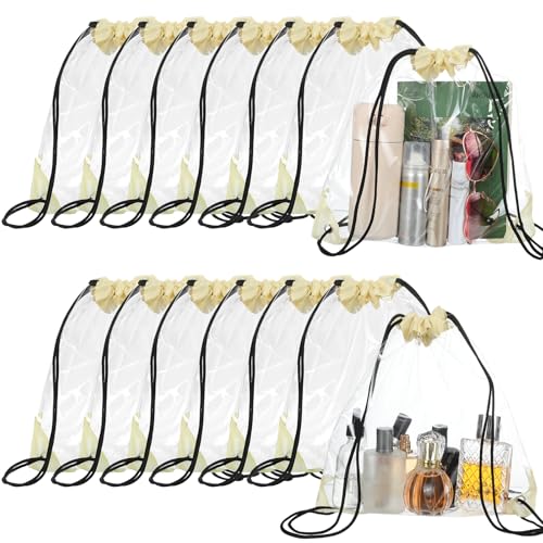 Shappy 30 Pcs Clear Drawstring Backpack, Plastic Waterproof Transparent Stadium Bags String Bag for Gym Travel (Beige) - color: Beige