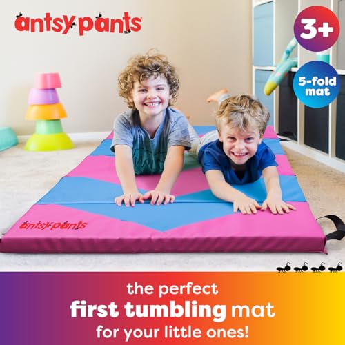 Antsy Pants Tumbling Mat for Kids – Gymnastics Mat, Easy to Clean, Sturdy, Foldable Tumbling Mats, Padded, Lightweight, Portable, Gymnastics Equipment for Active Play - color: 5-Fold PinkNeonBlue