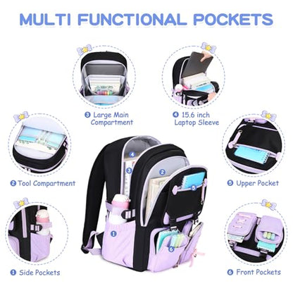 MOONBABY Girls Backpack with Lunch Box & Pencil Case for Kids Teens Bookbag for Elementary Primary Middle High School Daypack - color: Purple-3pcs