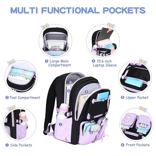 MOONBABY Girls Backpack with Lunch Box & Pencil Case for Kids Teens Bookbag for Elementary Primary Middle High School Daypack - color: Purple