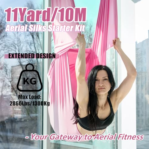Aerial Silks Kit & Aerial Yoga Hammock - 11Yd Premium Fabric with Hardware - Easy Setup for Flying Yoga, Aerial Swing & Fitness - Supports Up to 14ft Rigging - color: Light Pink