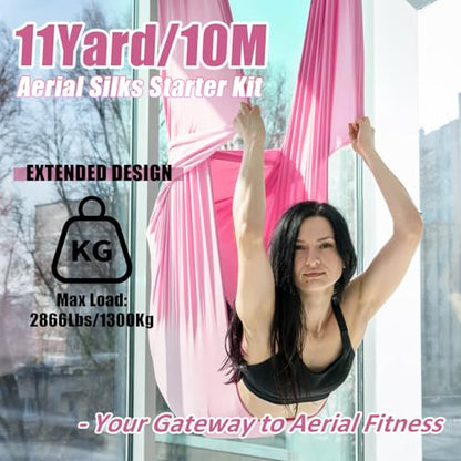 Aerial Silks Kit & Aerial Yoga Hammock - 11Yd Premium Fabric with Hardware - Easy Setup for Flying Yoga, Aerial Swing & Fitness - Supports Up to 14ft Rigging - color: Light Pink