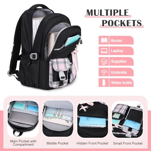DIGOBAY Backpacks for Girls - 3PCS Girls Backpack with Lunch Box & Pencil Pouch Plaid School Backpacks for Elementary Middle High College School Bookbag for Teen Girl Kids Students Blackpink - color: Blackpink