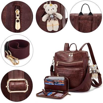 Soperwillton Women Backpack Purse Multipurpose Design Handbags Shoulder Bag PU Leather Travel bag Backpack Set 2pcs - color: Deepred