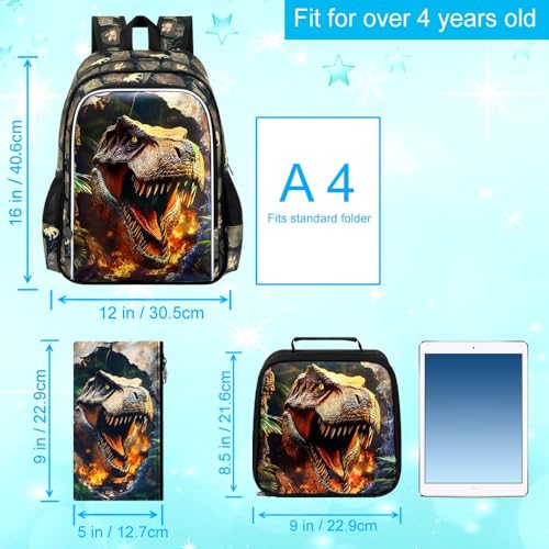 HPJGD 3PCS Dinosaur Kids Bookbag, Water Resistant Boys School Bag Set with Lunch Box, Cool Backpack for Elementary Preschool Toddler - Wall-Breaking T-Rex - color: Cool Uv Printed Wall-breaking T-rex Brown