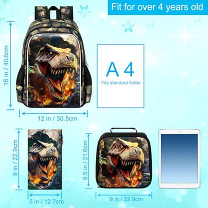 HPJGD 3PCS Dinosaur Kids Bookbag, Water Resistant Boys School Bag Set with Lunch Box, Cool Backpack for Elementary Preschool Toddler - Wall-Breaking T-Rex - color: Cool Uv Printed Wall-breaking T-rex Brown