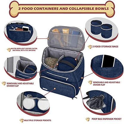 BAGLHER丨Dog Travel Bag Backpack, Airline Approved Pet Supplies Backpack, Dog Travel Bag with 2 Silicone Collapsible Bowls and 2 Food Baskets Dark Blue - color: Dark Blue