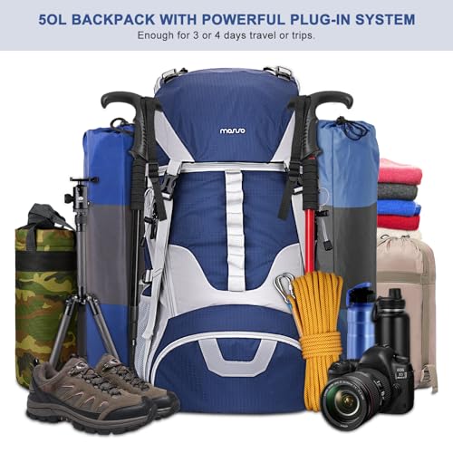 MOSISO 50L Hiking Backpack, Waterproof Camping Backpack with Rain Cover for Men Women, Lightweight Sport Daypack for Outdoor Camping Travel, Navy Blue