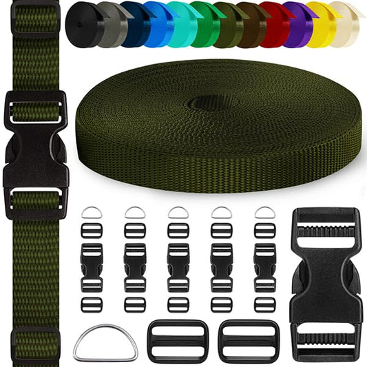 TECEUM Buckles & Strap Kit – 3/4" Khaki Nylon Webbing 6 (yd) – 6 Heavy Duty Adjustable Plastic Buckles – 12 Tri-Glide Slide Clips – 6 Metal D-Ring – Ideal Straps for Arts Crafts Outdoors Indoors DIY - color: Khaki, size: 3/4" - 6 yards, style: 6 Buckle -