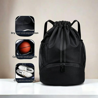 Drawstring Backpack with Separate Shoes Compartment, Water Resistant Cinch Sack Bag for Soccer Basketball Swimming Beach Sports for Men Women - color: Black