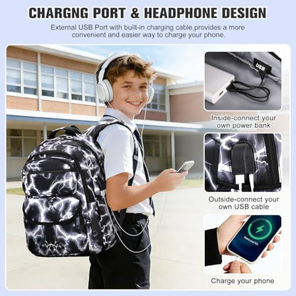 Bevalsa Backpack for Boys, Lightning School Bags with Lunch Bag & Pen Case for Kids, Bookbag for Boys Teens Elementary Middle High School - color: Black