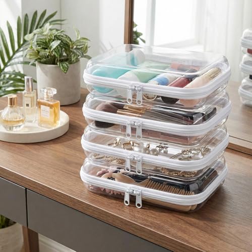 4 Pack Clear Hard Shell Zipper Case, Hard Plastic Zipper Pouches for Travel Toiletries, Makeup, Tech Gadgets & Pencils, Transparent Crush-Resistant Organizer Case (4S) - size: 4S