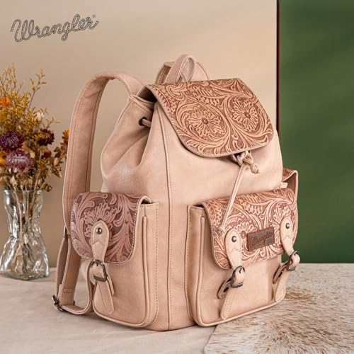 Montana West Wrangler Backpack Purse for Women Men Western Backpack Floral Tooled Travel Bags - color: Carve Tan
