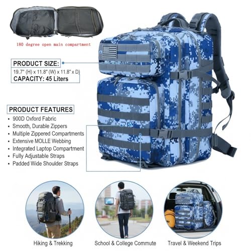45L Military Tactical Backpack for Men & Women Bug Out Bag Assault pack Molle Daypack Hiking Trekking Rucksack(Navy Digital) - color: Navy Digital