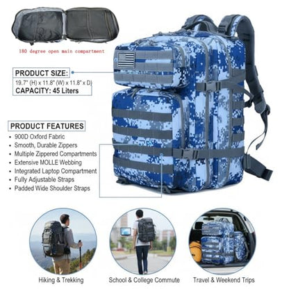 45L Military Tactical Backpack for Men & Women Bug Out Bag Assault pack Molle Daypack Hiking Trekking Rucksack(Navy Digital) - color: Navy Digital