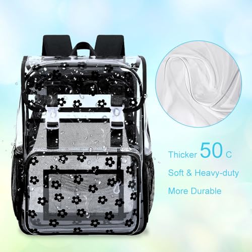 3Pcs Clear Backpack for Girls, School Kids Transparent Bookbag Set, 17" Stadium Approved See Through Backpack with Lunch Box (Black) - color: Plum Blossom Black