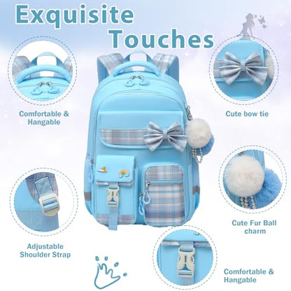 Alrisg Girls School Backpack Preppy Plaid Bookbag Lightweight Backpack for Girls Elementary Middle School Bow Blue - color: Blue, size: 17in