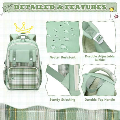 MUSEVOS Girls Backpack, Elementary Middle School Backpack, Large Capacity Kids Bookbag - color: Green/Gold Thread