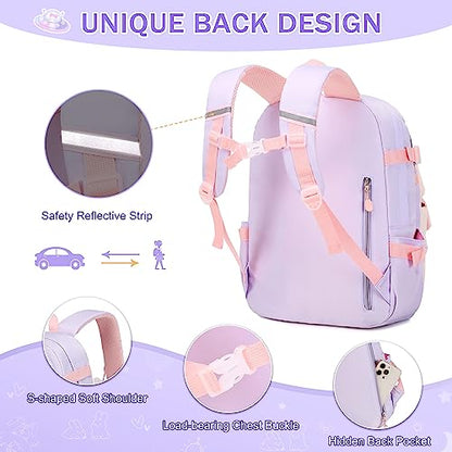 FIXITOK Girls Backpack Set, 3PCS Kids Backpack for Girls, Kawaii Bunny School Backpacks for Girl Kindergarten Elementary Preschool Middle School Bags with Lunch Box Pencil Case Purple - color: Purple