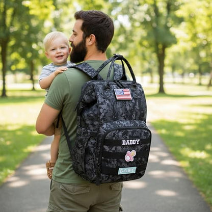Camo Diaper Bag Backpack for Dad and Mom with USB Charging Port Stroller Straps and Insulated Pocket,army military Travel Nappy Backpack (DADDY and MOMMY patches) - color: Black Camo