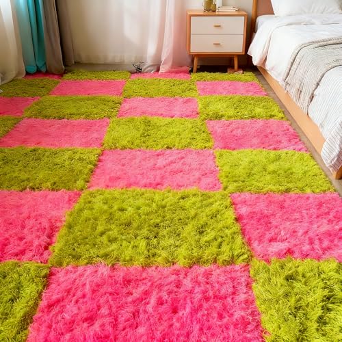 Thickened Plush Foam Interlocking Floor Carpet Mat,24 Piece 12x12in Fluffy Square Puzzle Foam Carpet Tiles with Edgings,Soft Anti-Slip Shaggy Area Rug Playmat(Color:Rose red+Green) - color: Rose Red+green
