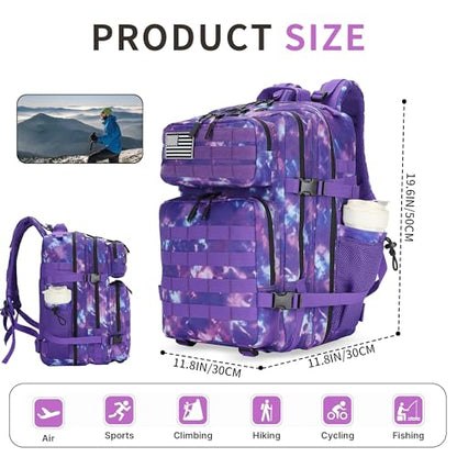 45L Military Tactical Backpack Hiking Backpacks Tactical Gear Camo Back Pack Army Molle Bag Rucksack Fitness Daypack - color: Purple Tie Dye