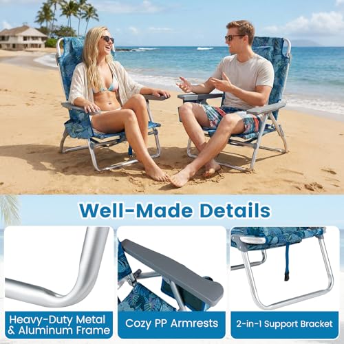 COSTWAY Portable Folding Backpack Beach Chairs Set of 2 with 5-Position Backrest, Padded Headrest, Cup Holder & Ice Bag for Lawn, Poolside (Tropical Leaf) - color: Tropical Leaf