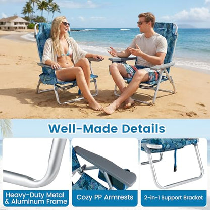 COSTWAY Portable Folding Backpack Beach Chairs Set of 2 with 5-Position Backrest, Padded Headrest, Cup Holder & Ice Bag for Lawn, Poolside (Tropical Leaf) - color: Tropical Leaf