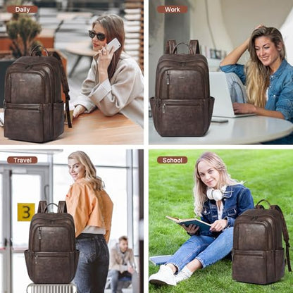 Shrrie Leather 17 inch Laptop Backpack for Women, Large Travel Backpack Purse for Casual Daypack College Work Bag - color: Coffee
