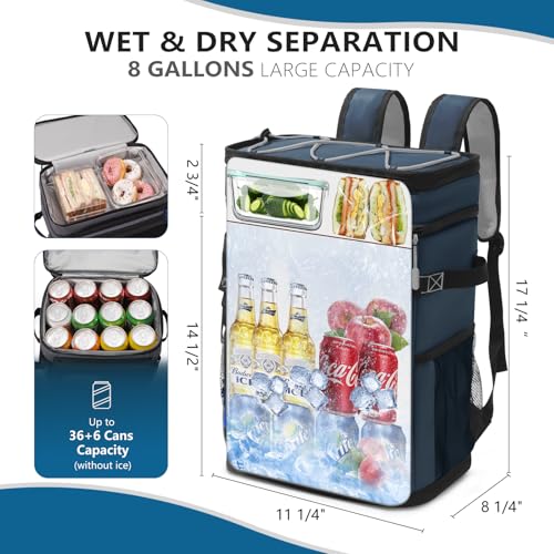 Large Backpack Cooler 36 Can Cooler Backpack with 2 Insulated Compartments Leak Proof Waterproof Travel Backpack, Camping Beach Picnic Lunch Thermal Bag for Women and Men - color: Navy