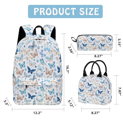 Butterfly 3PCS Backpack Set for Teens Elementary Middle High School, 17 Inch Lightweight Classic Bookpack 3 in 1 Set for Girls Boys, Kids Back to School Backpack with Lunch Box Pencil Case - color: Butterfly