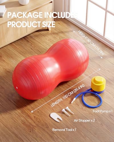 Premium Peanut Ball - 100x50cm Anti-Burst Exercise Ball for Physical Therapy, Pregnancy Labor & Home Fitness Sensory| Non-Slip Design | Quick-Inflate Pump Included - color: red