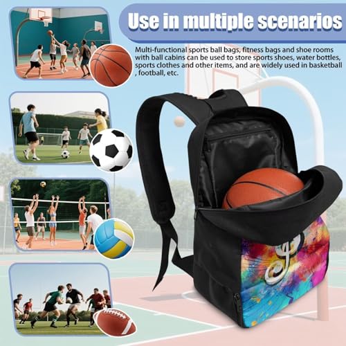 18.5in Basketball Backpack Basketball Bag with Shoe Compartment & Ball Holder, Waterproof Bag for Soccer Volleyball - color: Colorful Music Note Print