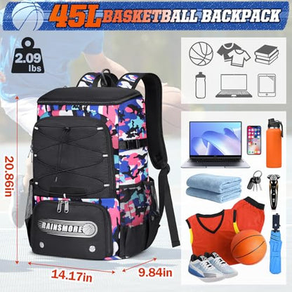 RAINSMORE Basketball Backpack 45L Basketball Bag with Separate Ball Holder & Shoes Compartment Water Resistant Sports Bag Basketball Equipment Bags Fit Volleyball, Soccer, Swim, Gym, Travel - color: Camouflage Pink