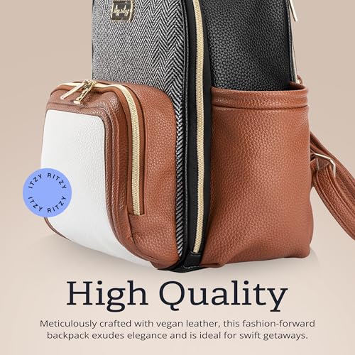 Itzy Ritzy Mini Diaper Bag Backpack – Chic, Compact Mini Plus Backpack with Changing Pad, 10 Pockets (6 Internal, 4 External), Grab-Top Handle & Rubber Feet (Coffee & Cream) - color: Coffee & Cream