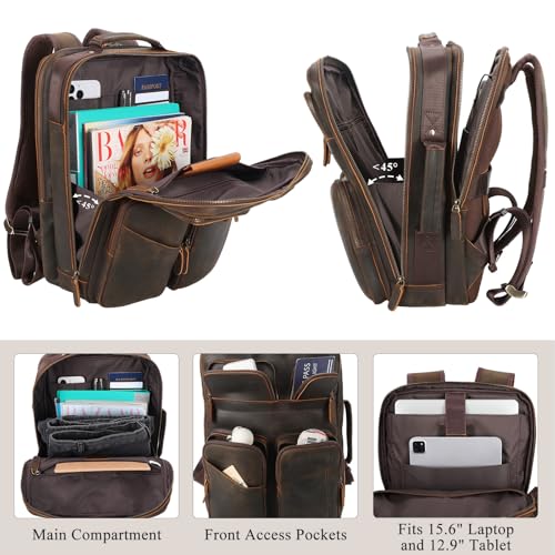 TIDING Full Grain Leather 15.6" Laptop Backpack for Men Multi Pockets Casual Daypack Business Travel Rucksack - color: Deep Brown